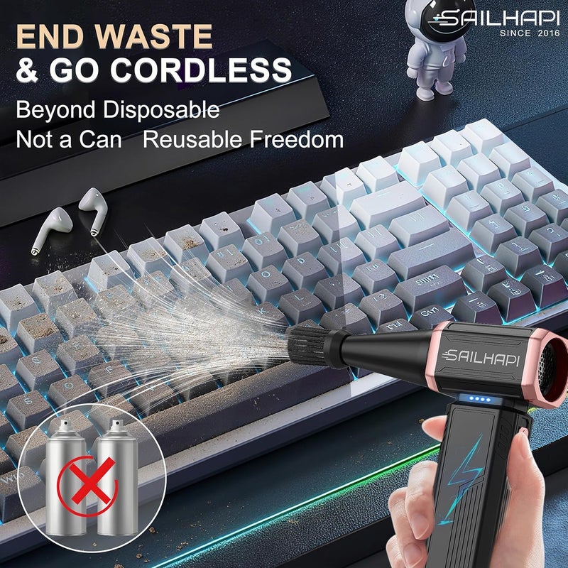 SAILHAPI Electric Air Duster, 300000RPM High-Speed Cordless Blower Fan with Variable Speed & Brushless Motor, Portable Mini Blower for Keyboard, Car, PC Cleaning, Replaces Canned Air, Gifts for Men - Image 2
